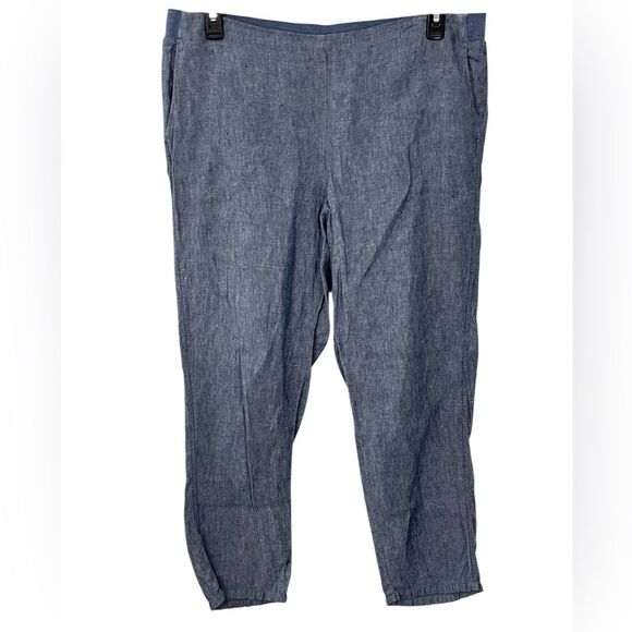 J. Jill Love Linen 100% Linen Blue Chambray Cropped Pull-on Pants Women's Size L - Picture 1 of 7